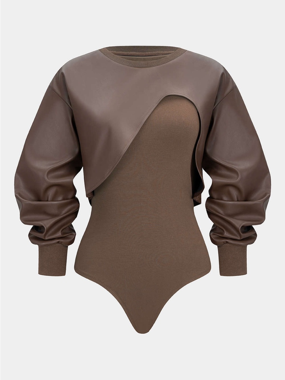 Micas Faux Leather Patchwork Round Neck Asymmetrical Long Sleeve Bodysuit XL